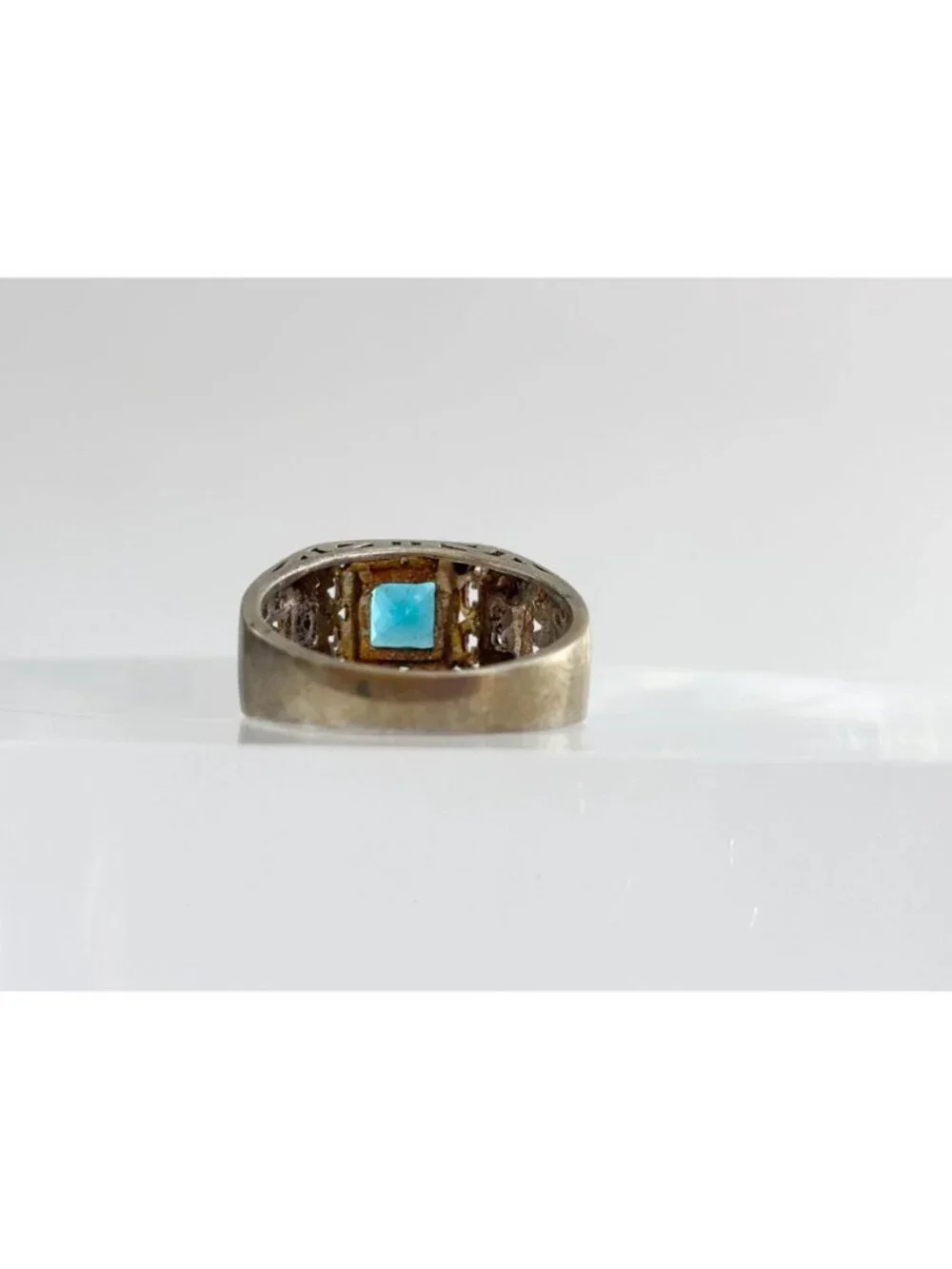 Blue Topaz Tapered Square Cut Cutout Sterling Silver 925 Vintage Ring - sz 9.5